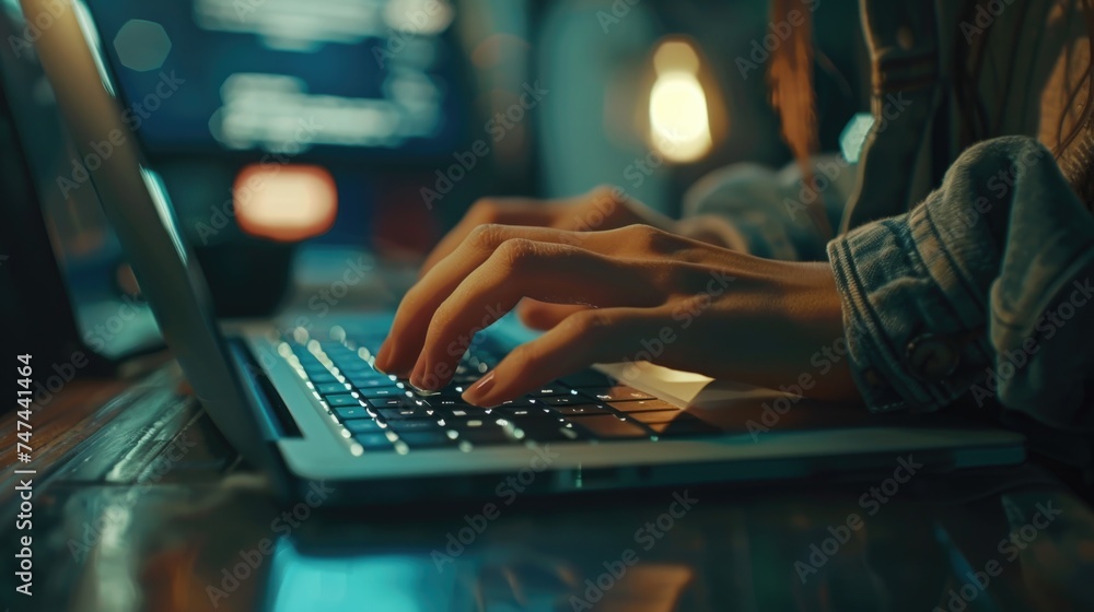 Poster a person working on a laptop computer at night, suitable for technology and late-night work concepts