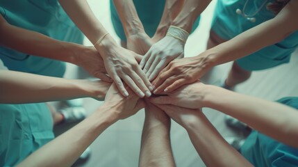 Group of nurses with hands together. Suitable for medical teamwork concepts - obrazy, fototapety, plakaty