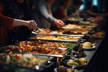 Group of people getting food from a buffet table. Ideal for catering or event planning concepts - obrazy, fototapety, plakaty