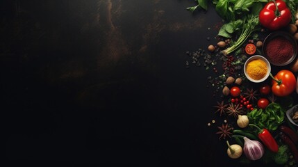 Fresh vegetables and aromatic spices on dark background, ideal for food blogs or recipes - obrazy, fototapety, plakaty