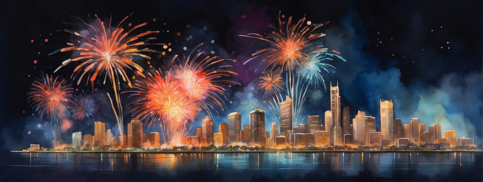 Vibrant watercolor fireworks display against a nighttime city skyline