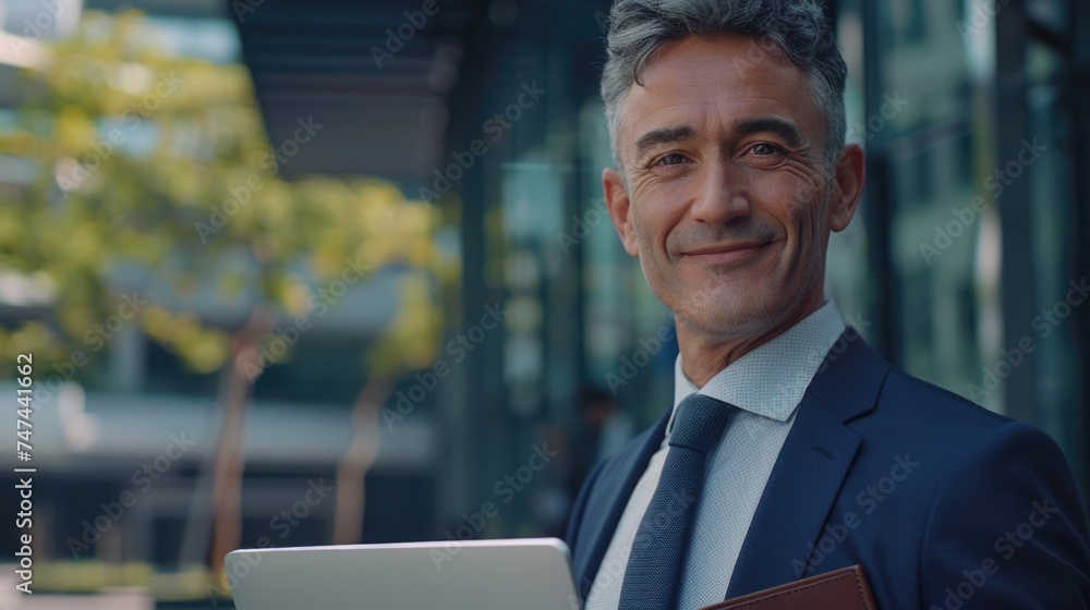 Poster A man in a suit and tie holding a laptop. Suitable for business and technology concepts