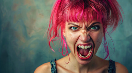 screaming woman with open mouth and pink hair
