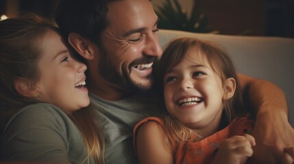 A man and two little girls sitting together on a couch. Ideal for family and home-related concepts