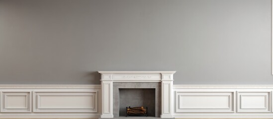 A living room featuring a large traditional fireplace without a fire, a mirror hanging above the mantlepiece, blank walls, and an empty mantlepiece mockup shelf.