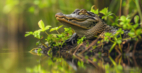 Obraz premium A small alligator sitting on top of a body of water. Can be used for educational or wildlife themed projects