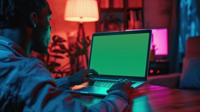 Black Man Using Laptop Notebook Viewing Green Screen. Neon Light. Ai Generated