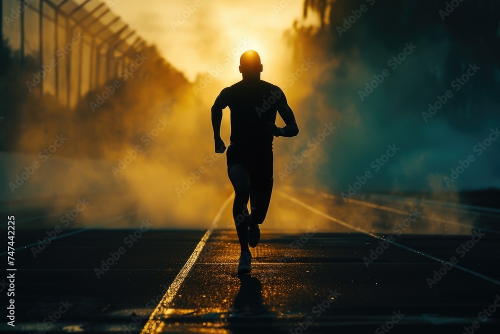 Poster a man running on a track in the sun. suitable for sports and fitness concepts