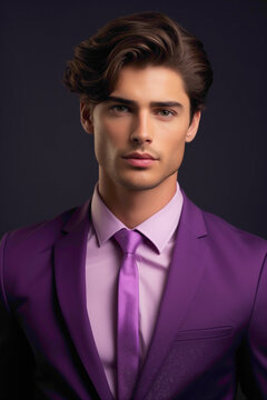 Amidst a solid lavender background, a charming male model radiates confidence in his vibrant business attire. His flawless hairstyle and captivating gaze convey an aura of timeless elegance.
