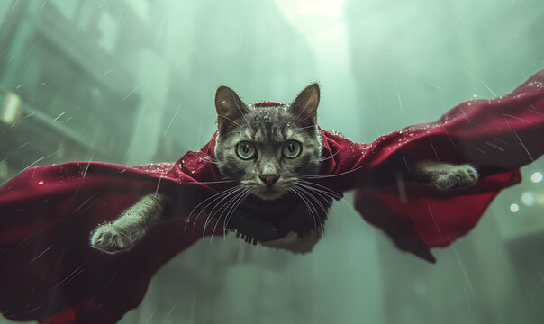Superhero cat flying in the air in dramatic city background