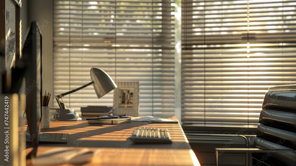 Poster A modern desk setup with a computer and lamp. Ideal for office and technology concepts