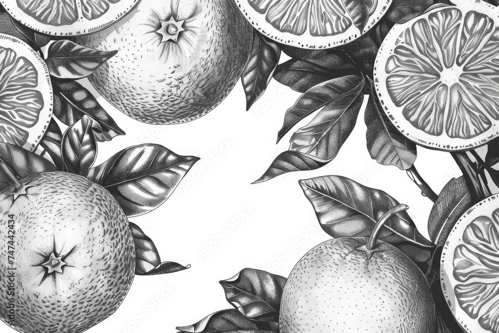Aufkleber simple black and white drawing of oranges and leaves. suitable for various design projects