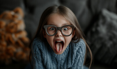Close-up of cute young girl wearing glasses and blue sweater making  funny face  while showing tongue, - obrazy, fototapety, plakaty