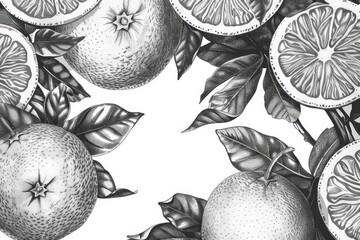 Simple black and white drawing of oranges and leaves. Suitable for various design projects
