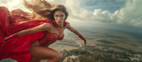 Dramatic shot of Superhero woman in red cape flying in the sky - obrazy, fototapety, plakaty