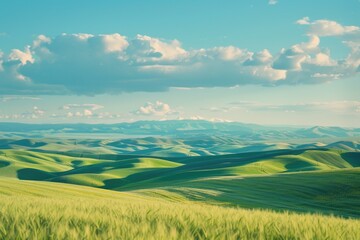 A picturesque view of a green grass field with mountains in the background. Suitable for nature and landscape themes