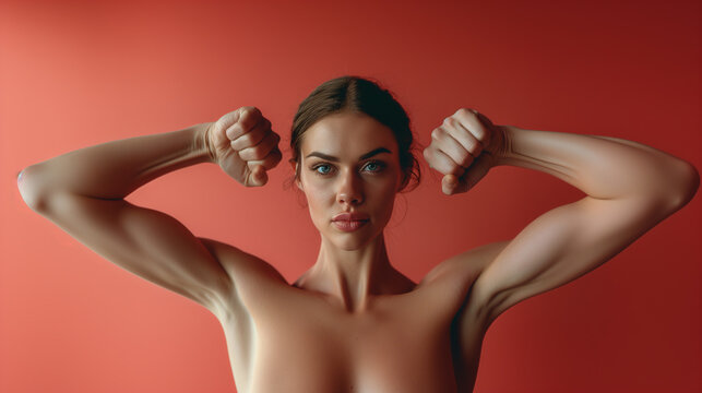 Woman power , self determination and confidence  concepts with strong nude woman flexing her muscular arms