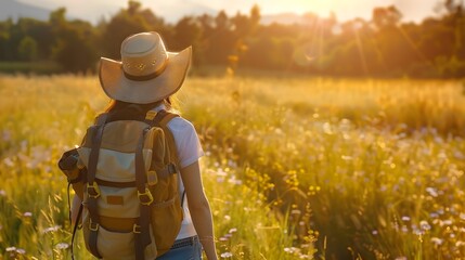 Young woman traveler with backpack walking among flower field and trees in forest at sunset. Summer traveling and Vacation adventure concept