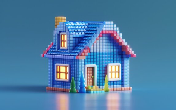 3d house image of real estate a 3d rendered blue rounded square button, playful and colorful and bubbly pixelated