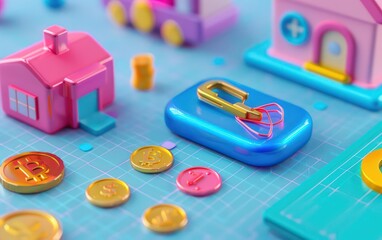 3d illustration of some coins, a paperclip and a home with money, in the style of calculated,a 3d rendered blue rounded square button, playful and colourful and bubbly