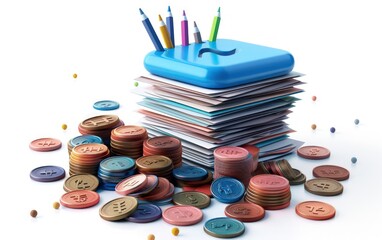 Obraz premium 3d illustration of some coins, a paperclip and a home with money, in the style of calculated,a 3d rendered blue rounded square button, playful and colourful and bubbly