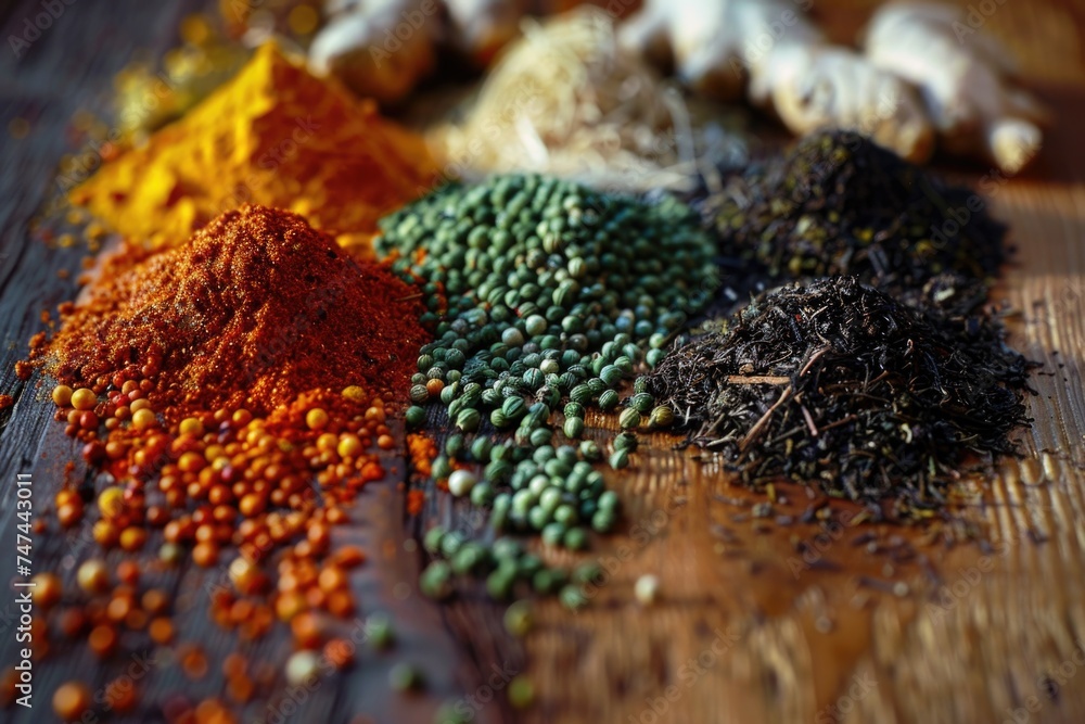 Aufkleber A collection of different spices on a wooden table. Suitable for culinary projects