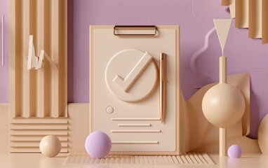 3d representation of a clipboard and pen with checkmark in the middle, in the style of money themed, violet and beige