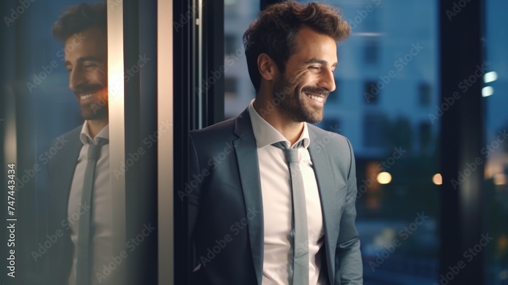 Poster a man in a suit standing in front of a window. suitable for business and professional concepts