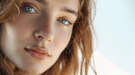 Naklejka premium A close up of a woman with freckles on her face. Suitable for beauty and skincare concepts