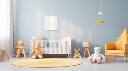 Jasny przytulny pokój dziecka w stylu minimalistycznym skandynawskim z mockupem obraz - dekoracje na ścianie. Błękitne odcienie kolory wnętrza. Render 3d. Wizualizacja	