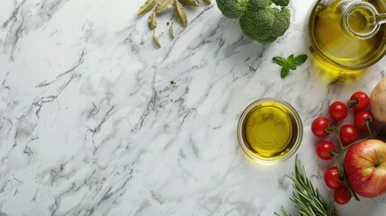 Fresh fruits and vegetables on a marble counter top, ideal for food and kitchen concepts