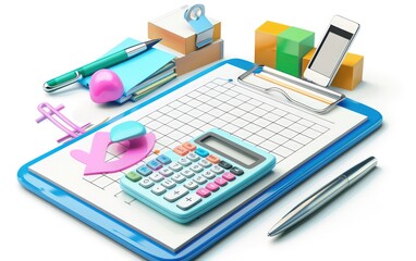 3d clipboard with a calculator, pen, cell phone and a check mark, isolated white background