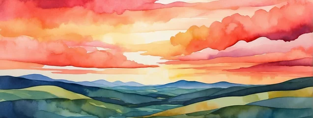 Poster Watercolor abstract landscape with rolling hills and a vibrant sunset sky. © xKas