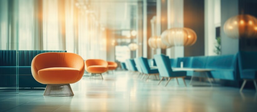 A room filled with numerous blue and orange chairs. The chairs are arranged in a neat and orderly fashion, creating a colorful and inviting seating area in a hotel lobby or lounge.