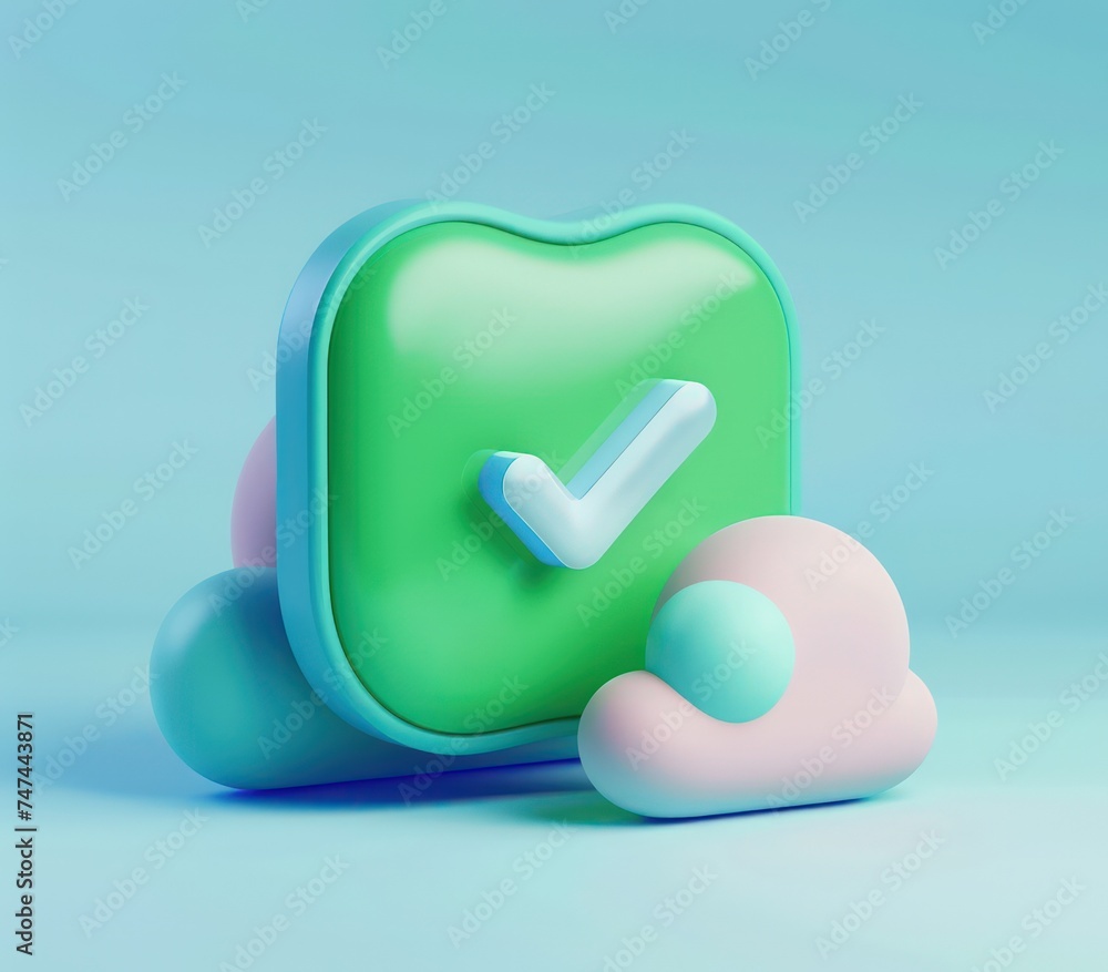 Aufkleber a green cloudshaped shield with a checkmark on it, in the style of playful animation, a 3d rendered 