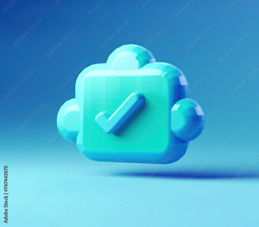 Poster a green cloudshaped shield with a checkmark on it, in the style of playful animation, a 3d rendered 