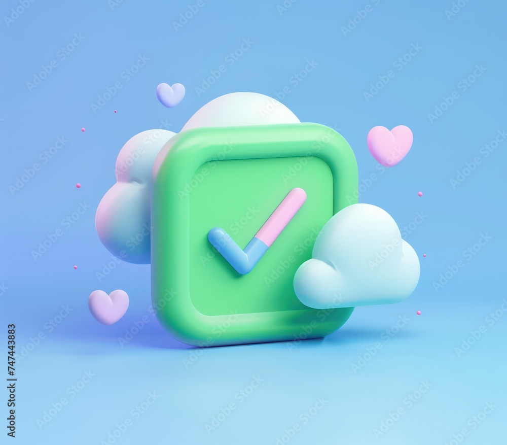 Poster a green cloudshaped shield with a checkmark on it, in the style of playful animation, a 3d rendered 
