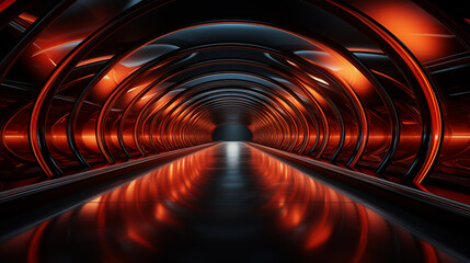 Abstract futuristic tunnel with red and white light trails, concept of speed and technology.