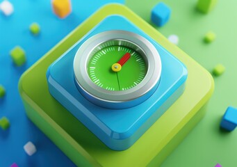 a green clock with buttons to increase or decrease the speed, a 3d rendered blue rounded square button, playful and colourful and bubbly