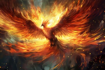A fiery, majestic phoenix against a background of burning flames soars upward with its beautiful large wings. The concept of a rare mythical creature of rebirth and new beginnings.