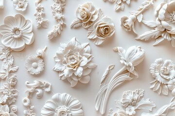 Fototapeta na wymiar A bunch of white flowers on a white surface. Perfect for wedding or spring-themed designs