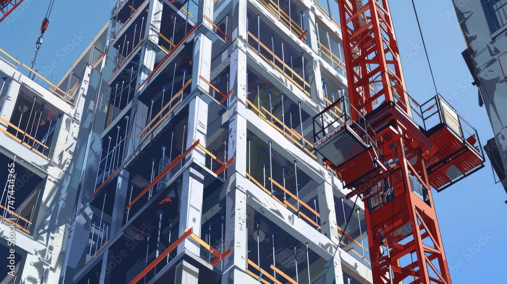 Poster a crane standing in front of a building under construction. suitable for construction industry conce