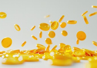 a group of yellow coins falling down on isolated, white background