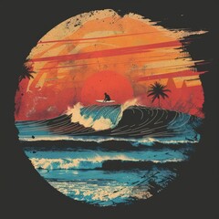  a hawaii surfing tshirt is shown, in the style of vintage graphic design, bold colorful lines, dark navy and light gray