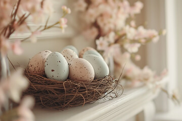 Easter eggs in the nest on the table	 - 747444450