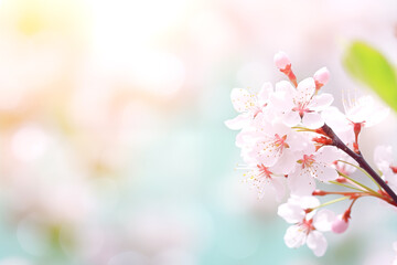 Fototapeta na wymiar Soft focus of cherry blossoms against light blue bokeh background