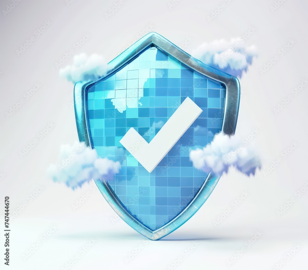 Poster a shield with a check mark in the clouded sky, isolated white background, a 3d rendered blue rounded