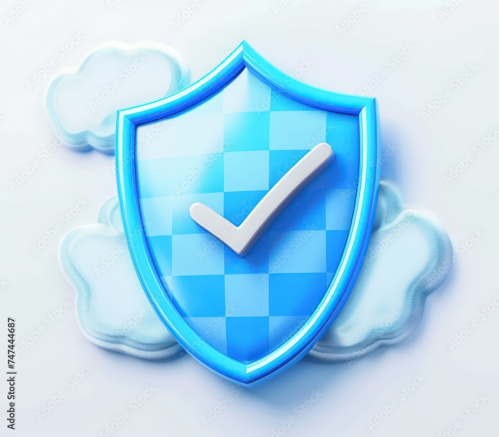 Aufkleber a shield with a check mark in the clouded sky, isolated white background, a 3d rendered blue rounded