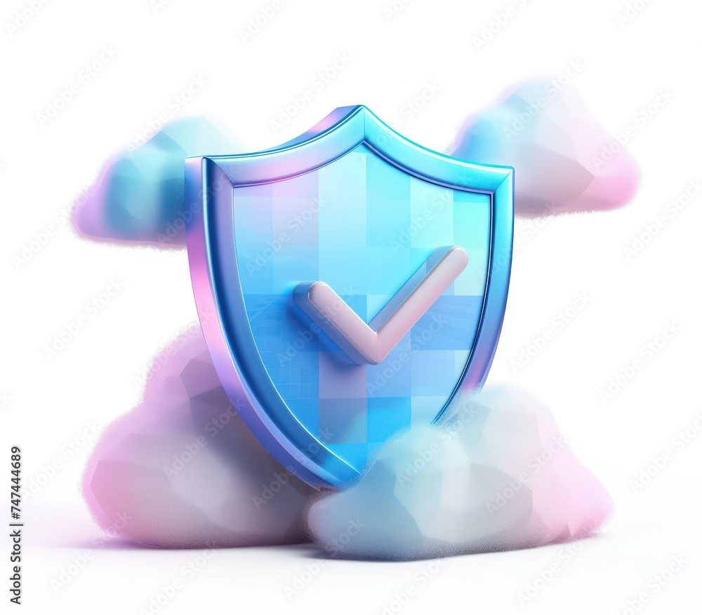Aufkleber a shield with a check mark in the clouded sky, isolated white background, a 3d rendered blue rounded