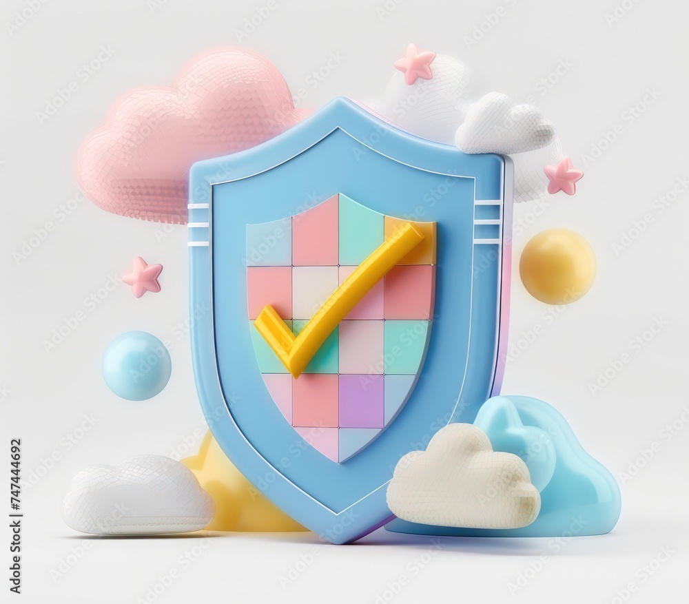 Poster a shield with a check mark in the clouded sky, isolated white background, a 3d rendered blue rounded
